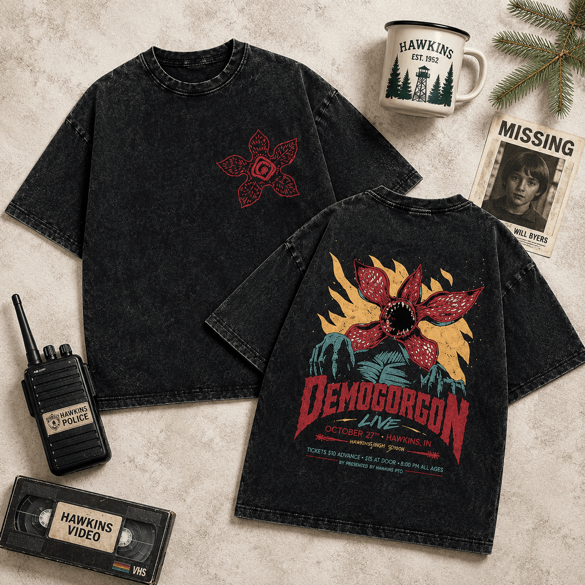 Stranger Things Demogorgon Vintage Washed T Shirt | Acid Wash Retro Horror Graphic Tee