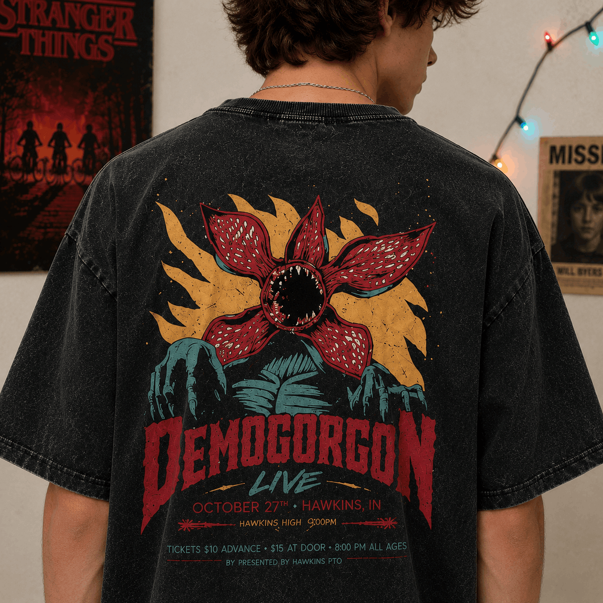 Stranger Things Demogorgon Vintage Washed T Shirt | Acid Wash Retro Horror Graphic Tee