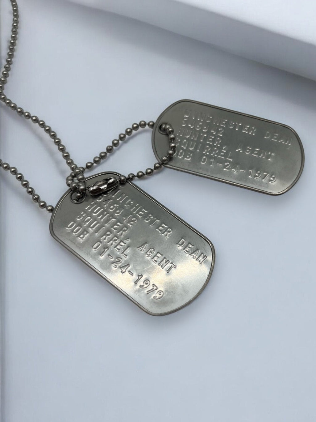 'DEAN WINCHESTER' Military Dog Tags - Cosplay Costume Prop Replica - Stainless Steel Chains Included