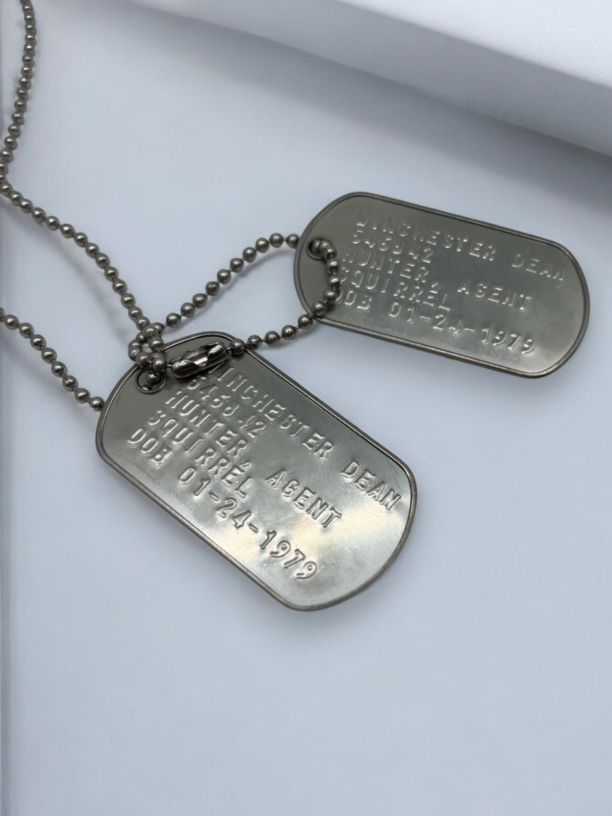 'DEAN WINCHESTER' Military Dog Tags - Cosplay Costume Prop Replica - Stainless Steel Chains Included